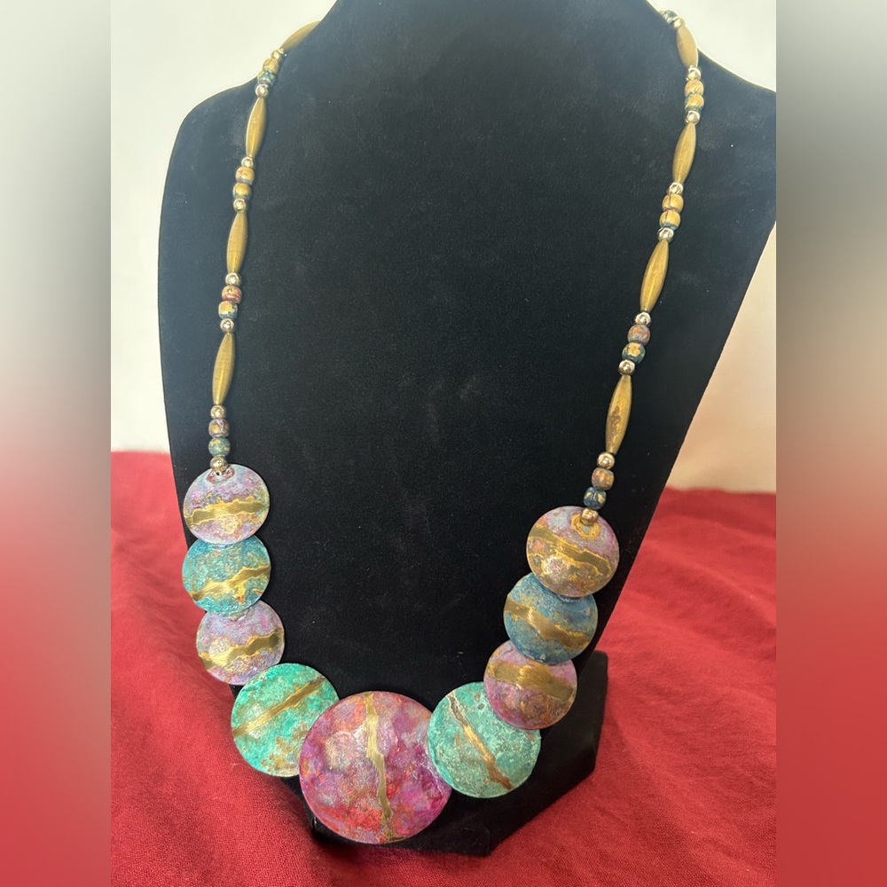 Rare Vintage Colorful Marbled Disc Necklace Mermaid Whimsical Seawitch Boho Chic